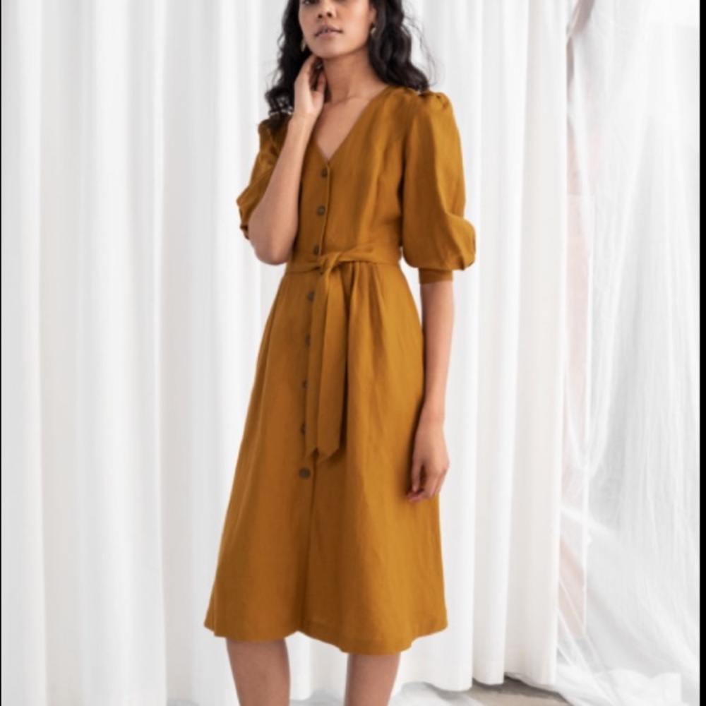Button-Front Tie-Waist Midi Dress in Mustard
